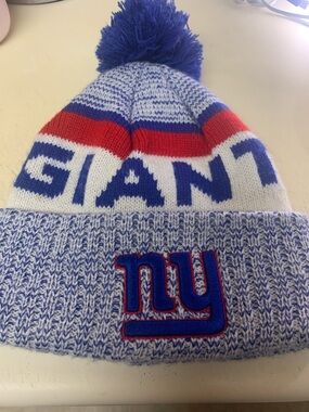 NFL New York Giants Blue Red White Pom Cuffed Knit Hat